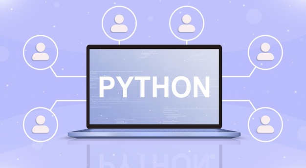 Python en la pantalla del portátil con iconos de usuario alrededor de 3d