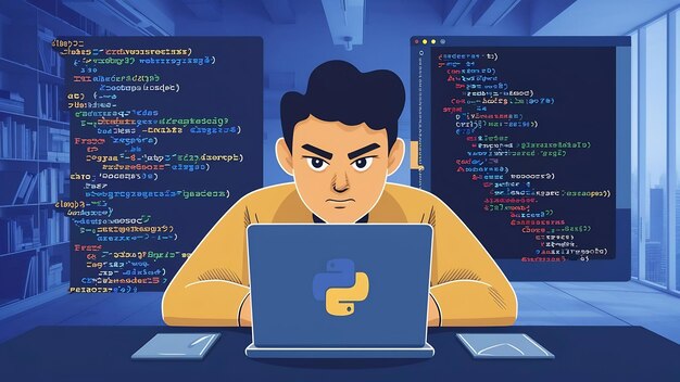 Python-Programmiersprache-Lernkonzept mit Person und Laptop