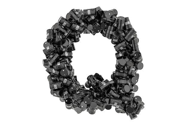 Q-Buchstaben aus schwarzen Ölfässern 3D-Rendering isoliert auf weißem Hintergrund