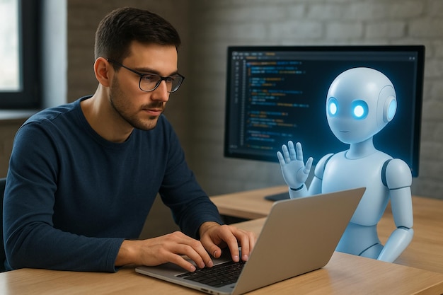 QA automation engineer writes autotest code in Python using AI on laptop