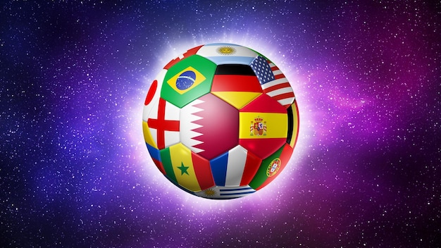 Qatar 2022 Balón de fútbol con banderas nacionales del equipo en una ilustración 3D del cielo espacial