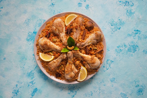 Qatari Chicken Majboos - Nationalgericht von Bahrain und Katar. Arabische Küche.