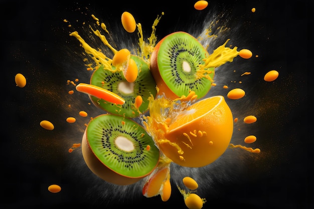 Qiwi und orangefarbener Explosionsspritzer-Moment auf schwarzem Hintergrund. Neuronales Netzwerk generierte Kunst