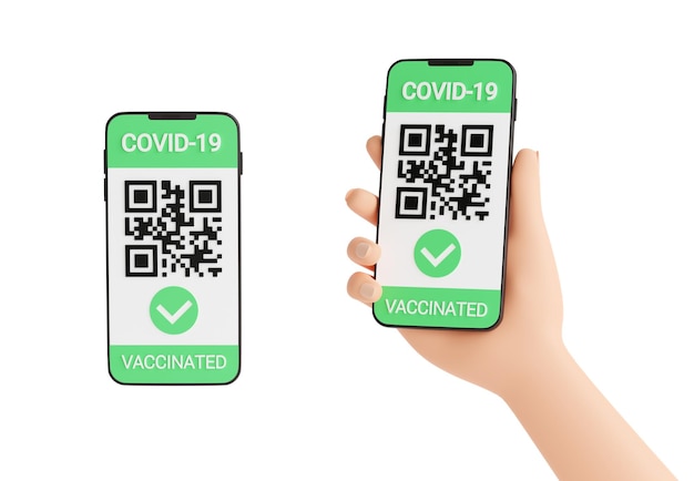 QR-Code des grünen COVID-Impfzertifikats und Häkchen auf dem Handybildschirm in der menschlichen Hand 3D-Render-Smartphone mit digitalem Gesundheitspass für Coronavirus und grünem Reisepass