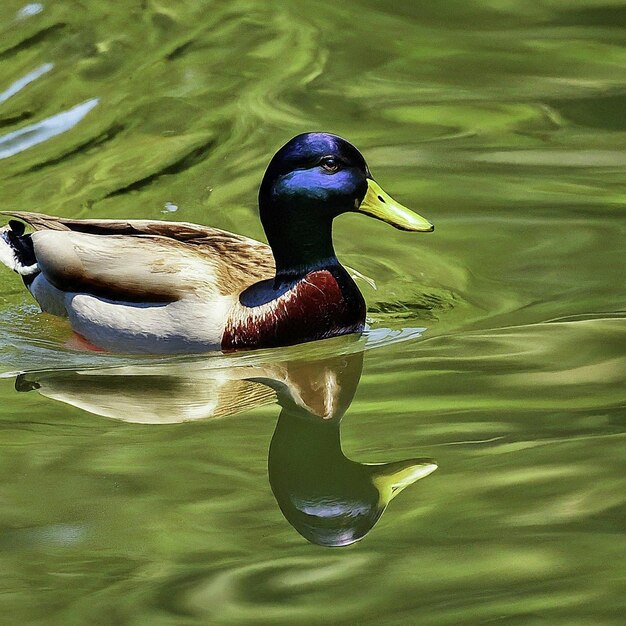 Quacando suavemente, o pato na água se comunica com seus parentes.