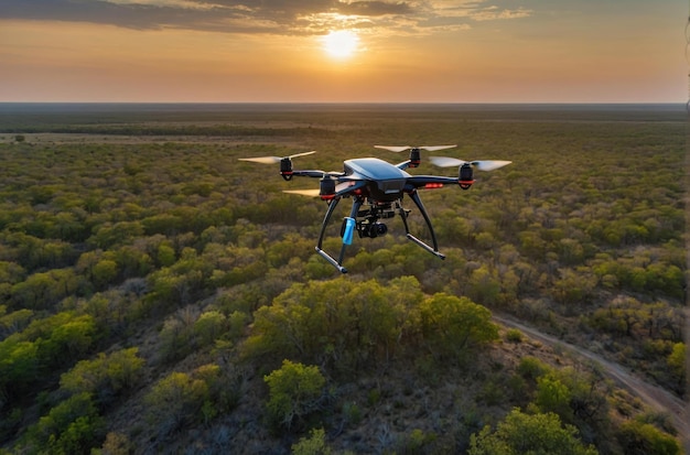 Foto quadcopter-drohne im flug über einen wald