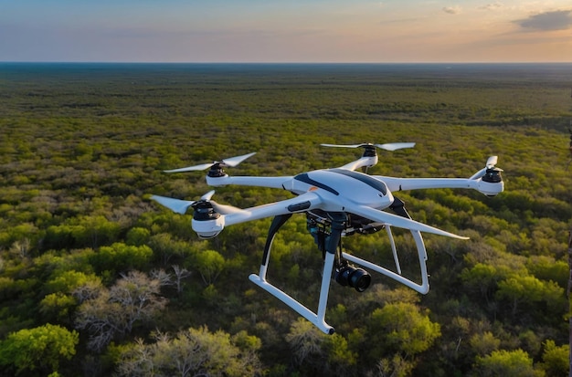 Foto quadcopter-drohne im flug über einen wald