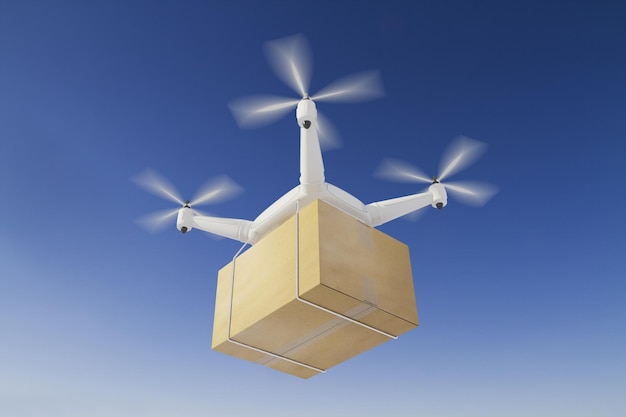 Quadcopter entrega una caja en el cielo azul