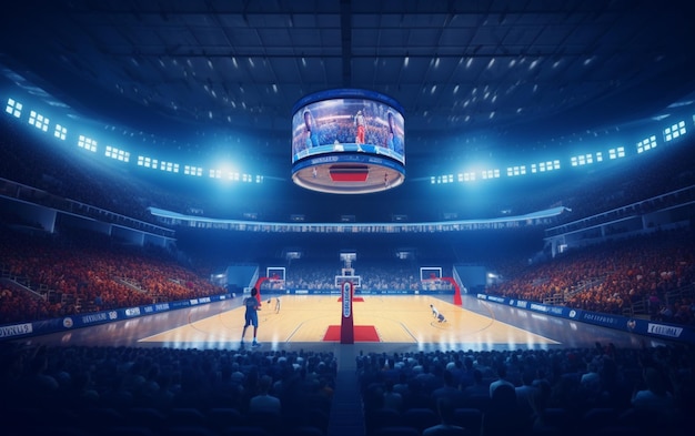 Quadra de basquete com fã de pessoas Arena esportiva Photoreal 3d render fundo