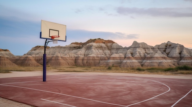 Quadra de basquete com montanha ao fundo