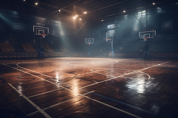 Quadra de basquete em uma arena escura com uma cesta de basquete e as palavras basquete na parede.