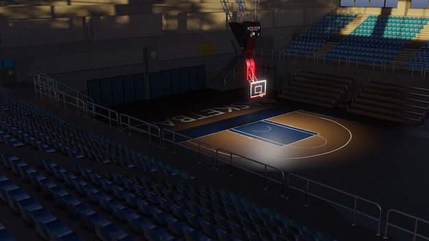 Quadra de basquete vazia à luz do sol. Arena de esportes. Fundo de renderização 3D