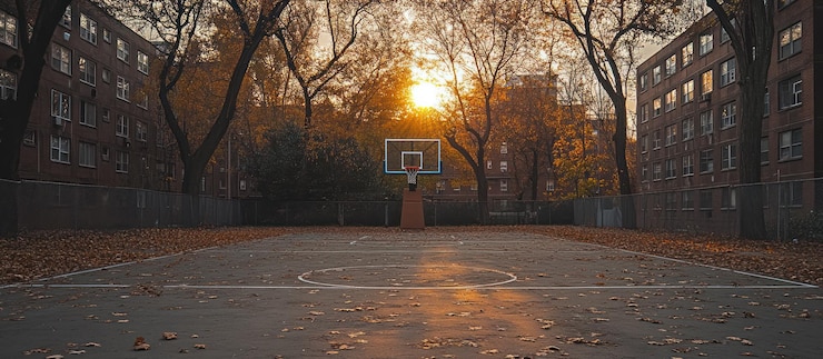 Foto quadra de basquete vazia cercada por edifícios no outono