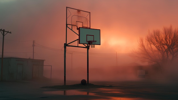 quadra de basquetebol vazia em uma manhã nebulosa
