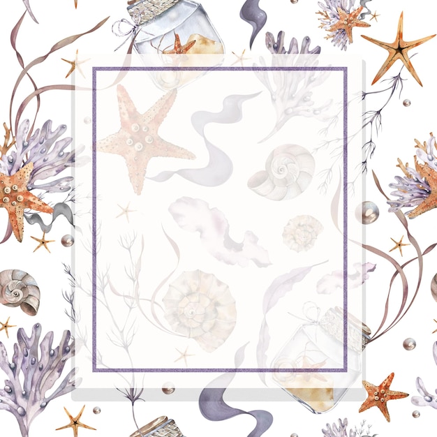 Quadrado Tema marinho Aquarela Estrela de mar Pérolas Conchas Algas Composição marinha Para convites Cartões postais Flyers Listas de viagens Escritórios cartazes Elementos de design de salas infantis