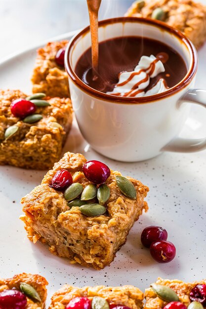 Quadrados de aveia assados com sementes de cranberry e abóbora com cacau quente picante