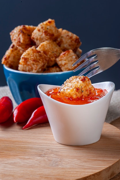 Quadrados de tapioca com queijo servidos com geleia de pimenta. Mesa de madeira. Foco seletivo