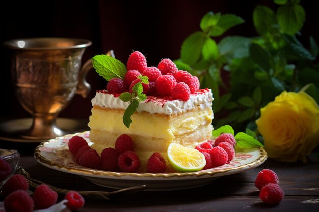 Quadrados de torta de limão coberto com framboesas sobremesa caseira