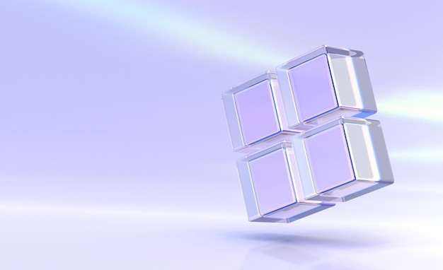 Quadratische Glaszusammensetzung aus Kristallwürfeln oder -blöcken mit Lichtstreuung und Brechungseffekt Winkelansicht Klare Kästen aus Acryl oder Plexiglas isoliert auf violettem Hintergrund 3D-Rendering-Illustration