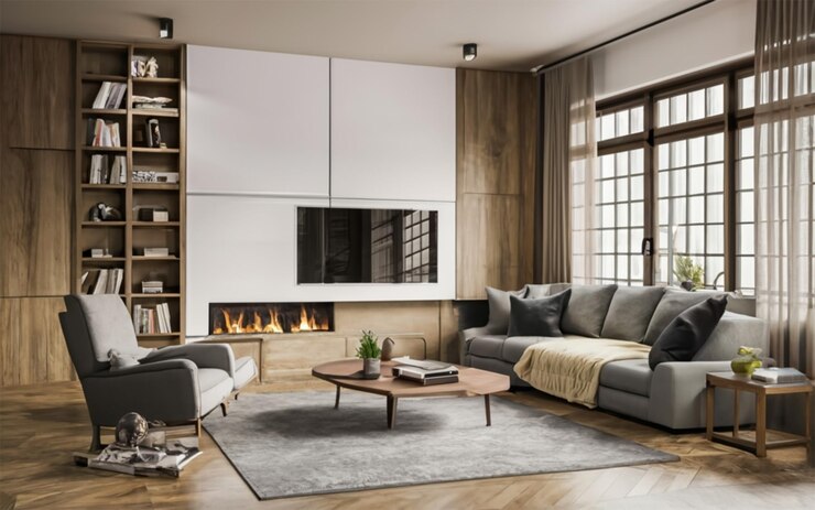 Foto quadratischer kaffeetisch in der nähe eines weißen sofas und rustikaler schränke gegen eine weiße wand mit leeren plakatrahmen