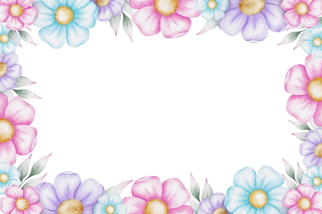 Quadratischer Rahmen aus lila, rosa, blau, Blumen und Blättern, isolierter, von der Hand gezeichneter Aquarellkränz für Einladung, Hochzeits-Grüßkarten, Baby-Shower, Valentinstag