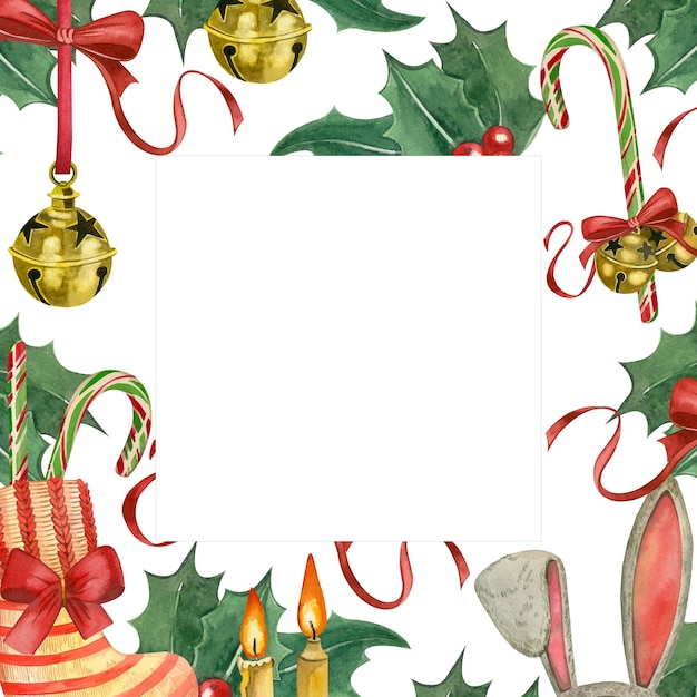 Quadratischer Rahmen für Weihnachten aus Elementen, die in Aquarellglocken, Socken, Süßigkeiten, handgezeichneten Bögen gemalt wurden