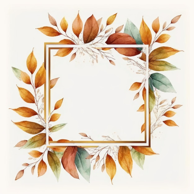 Quadratischer Rahmen mit Herbstblättern, Aquarell isoliert auf weißem Hintergrund gemalt. Thema des Vintage-Minimal-Art-Designs in geometrischer Form. Feinste generative KI