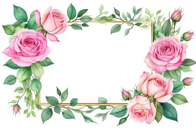 Quadratischer Rahmen mit rosa Rosen Aquarell botanische Illustration Isolierte auf weißem Hintergrund von Hand gezeichnete Blumen