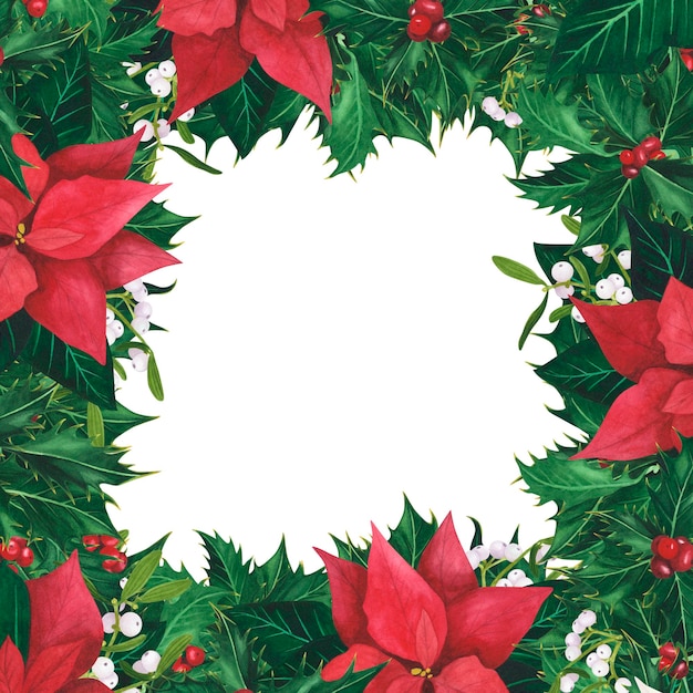 Quadratischer Rahmen mit Weihnachtsstechpalme verlässt Beeren Poinsettia Mistel Aquarellillustration für Vorlagenposter