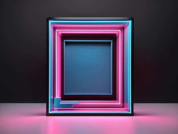 Quadratischer rechteckiger Bilderrahmen mit zweifarbiger neonfarbener Bewegungsgrafik auf isoliertem schwarzem Hintergrund