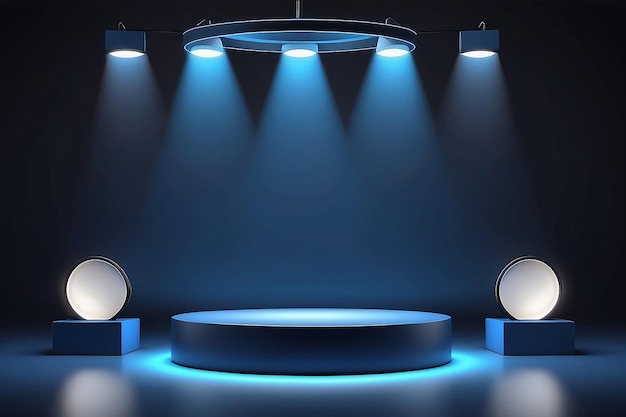 Quadratisches dunkles Podium für die Produktpräsentation mit linienförmigen Lampen rund um 3D-realistische Vektorillustration Blaue und dunkle digitale Szene