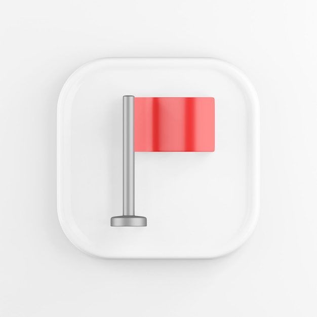 Quadratisches weißes Knopfsymbol der 3D-Wiedergabe, rote Tabellenflagge, lokalisiert auf weißem Hintergrund.