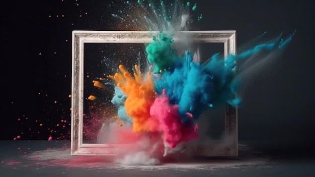 Quadro AI generativo com explosão de tinta em pó holi colorida, explosão criativa, nuvem multicolorida