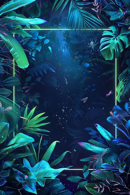 Quadro Arcano da Floresta Tropical Cibernética com Plantas Digitais e Coleção de Arte de Fundo de N Neon Color