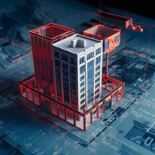 Foto quadro arquitetônico detalhado com modelos de edifícios 3d, planos, anotações, medições e