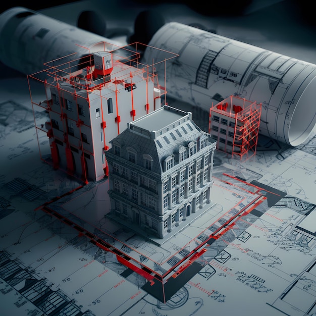 quadro arquitetônico detalhado com modelos de edifícios 3D, planos, anotações, medições e