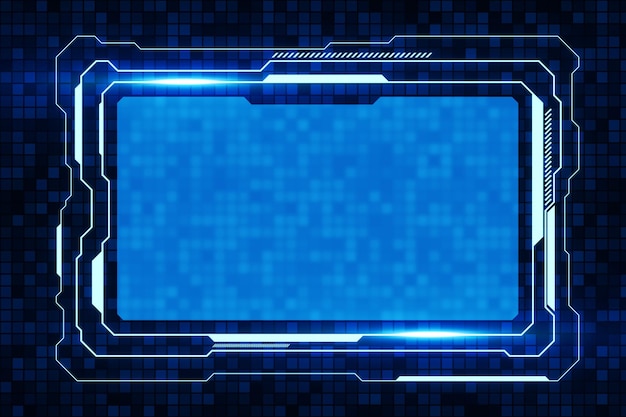 Quadro azul abstrato futurista com linhas de néon brilhantes exibidas em um conceito de fundo pixelado escuro de tecnologia digital 3D Rendering
