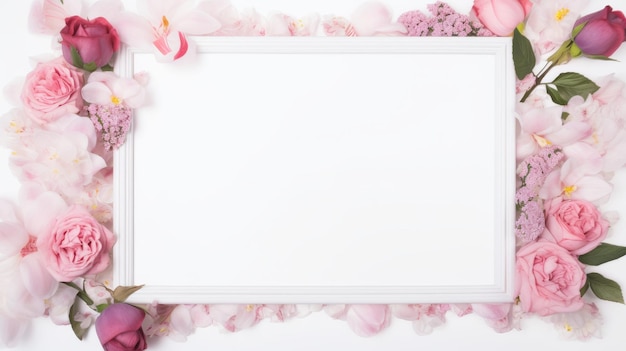 Quadro branco cercado de flores cor-de-rosa