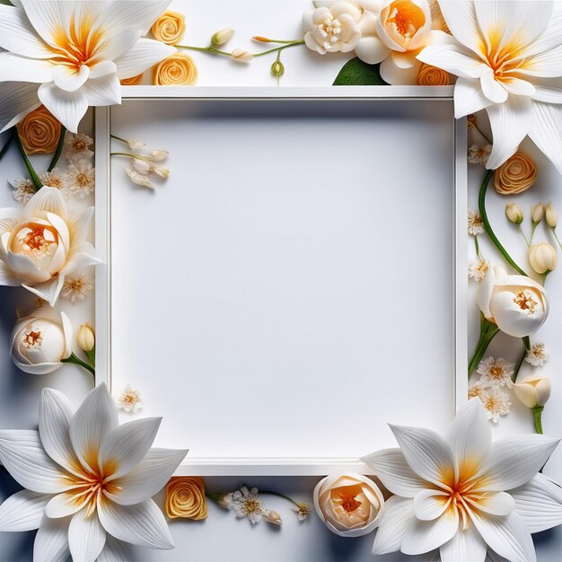 Foto quadro branco com flores em forma de quadrado ao redor