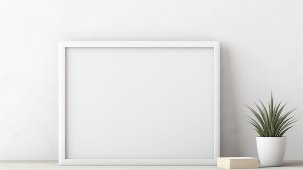 Foto quadro branco com frente em branco realista em um modelo de maquete em uma parede minimalista branca