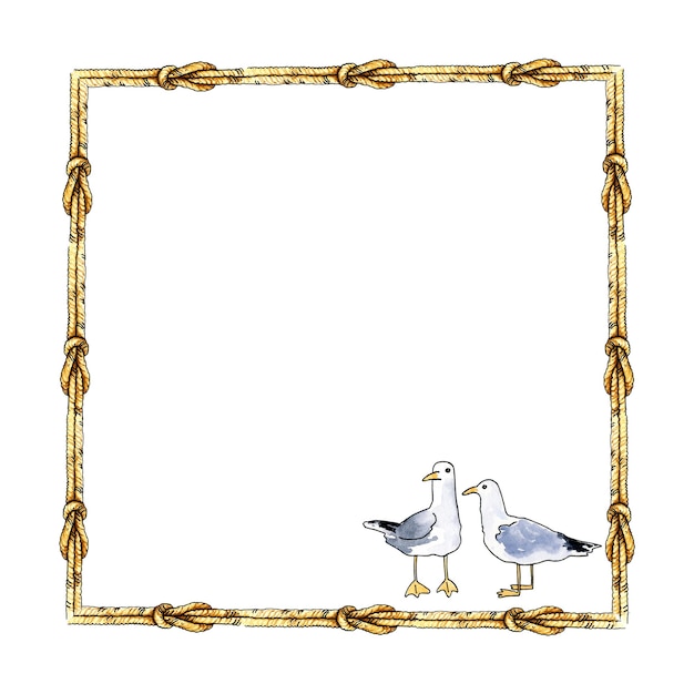Foto quadro branco de aquarela de velho nó vintage e pássaro marinho ilustração desenhada à mão de corda marinha texturizada com nós e gaivotas em fundo branco