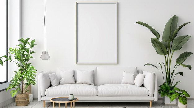 quadro branco de cor em branco na sala de estar com sofá mock up