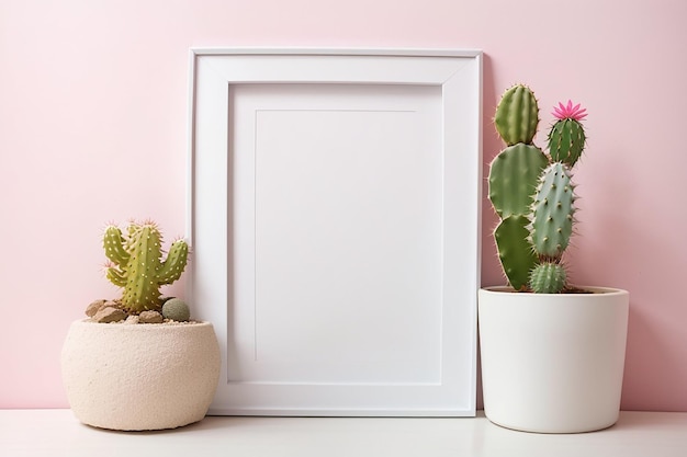 Quadro branco em branco e cactus de planta em uma mesa branca contra a cópia de parede rosa