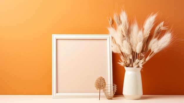 Quadro branco em uma parede laranja pastel em um apartamento minimalista livre de desordem fundos minimalistas fundo de cor sólida flores secas Generative Ai