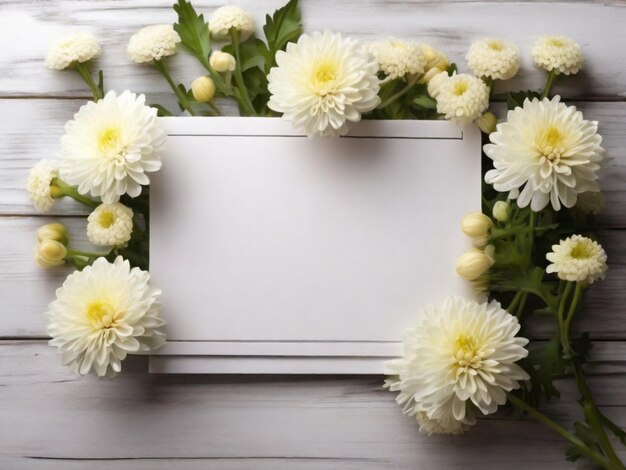 Quadro branco vazio cercado por flores em flor em uma mesa de madeira