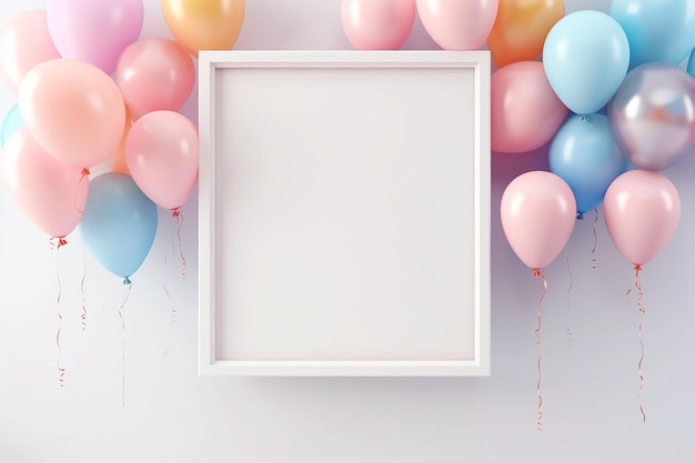 Quadro branco vazio com balões Modelo de modelo de fundo de celebração de feriado de aniversário Quadro em branco cercado por balões de hélio coloridos Poster de cartão de felicitações de festa para aniversário ou foto