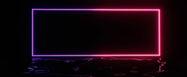Quadro brilhante de néon com reflexo roxo Banner de gradiente retangular com brilho de renderização 3d e destaques na superfície escura Outdoor digital cibernético com iluminação uv e design futurista de wireframe