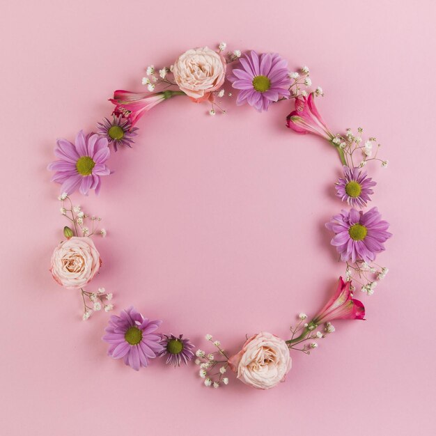 Foto quadro circular em branco feito com flores fundo rosa alta qualidade e resolução belo conceito de foto