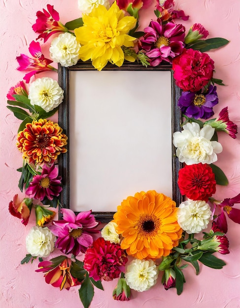 Foto quadro com flores coloridas em fundo rosa pastel claro desenho de cartão de saudação para feriados