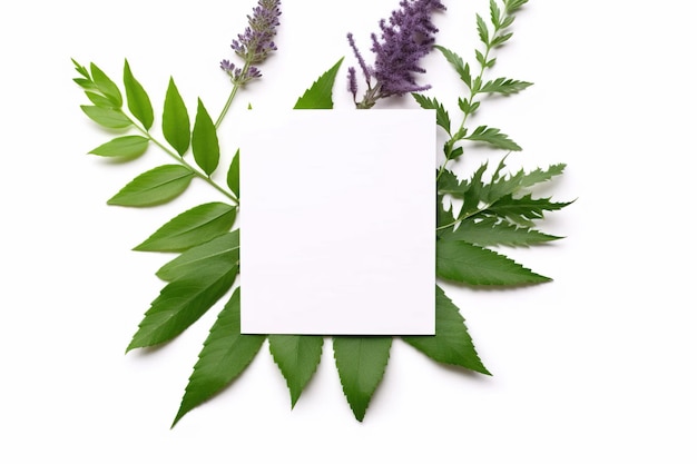 Quadro com folhas Layout criativo com folhas verdes e cartão em branco AI gerado